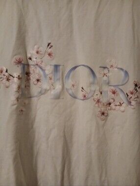 Dior White Tee with Pastel Blue Logo and Pink Floral Print